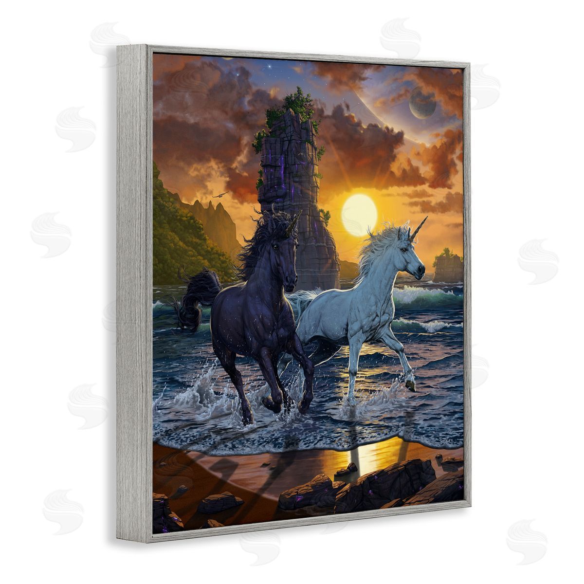 Vincent Hie Unicorns on Beach Gray Framed Giclee Wall Artside_