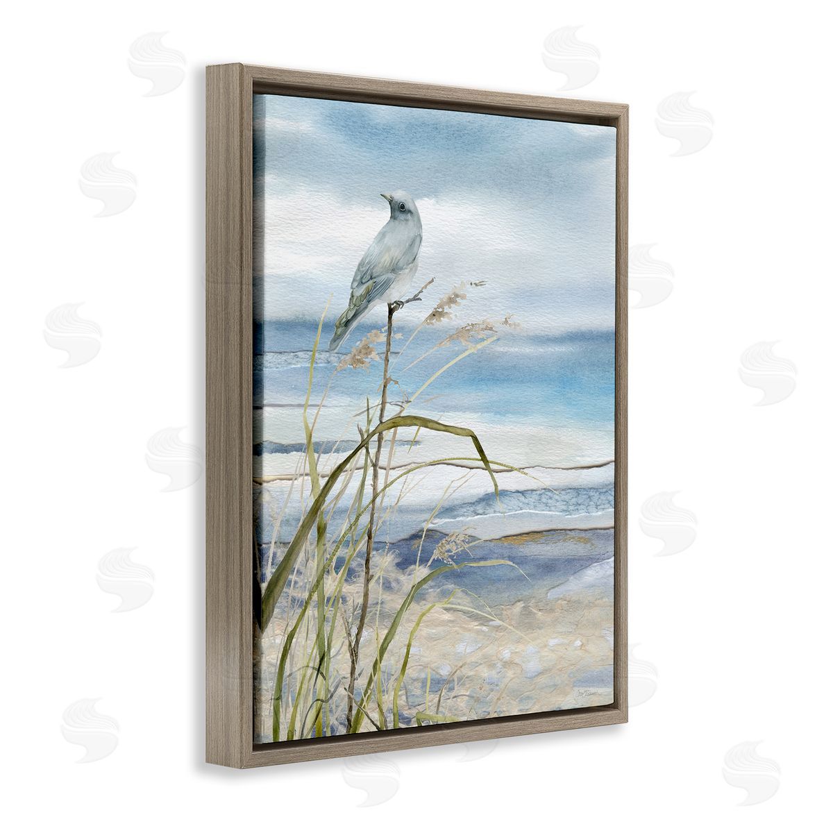 Bird on Beach Shore Brown Floating Frame Canvas Wall Art, Home Decor by Carol Robinson