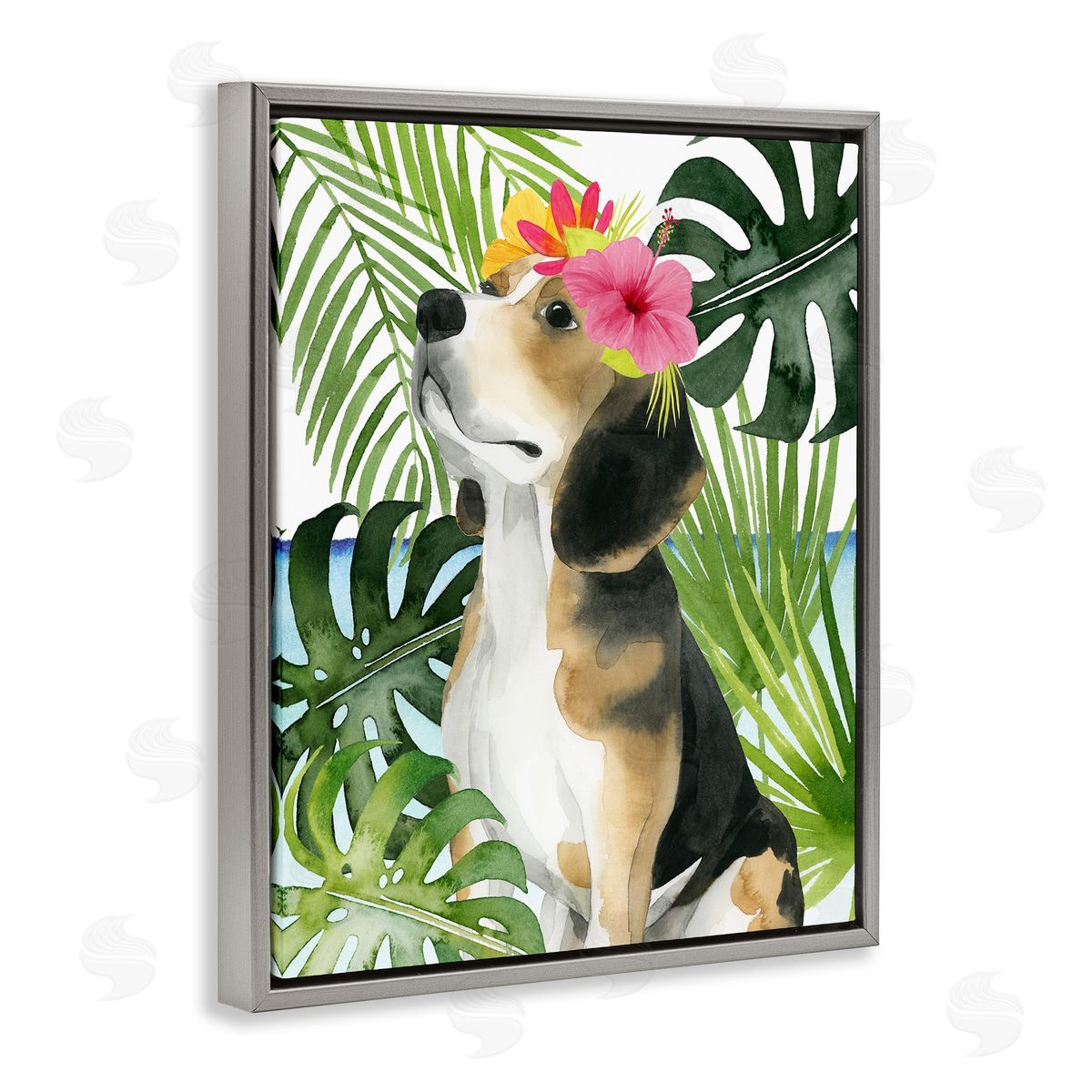 Grace Popp Puppy with Hibiscus Gray Floater Frame Canvas Artside_