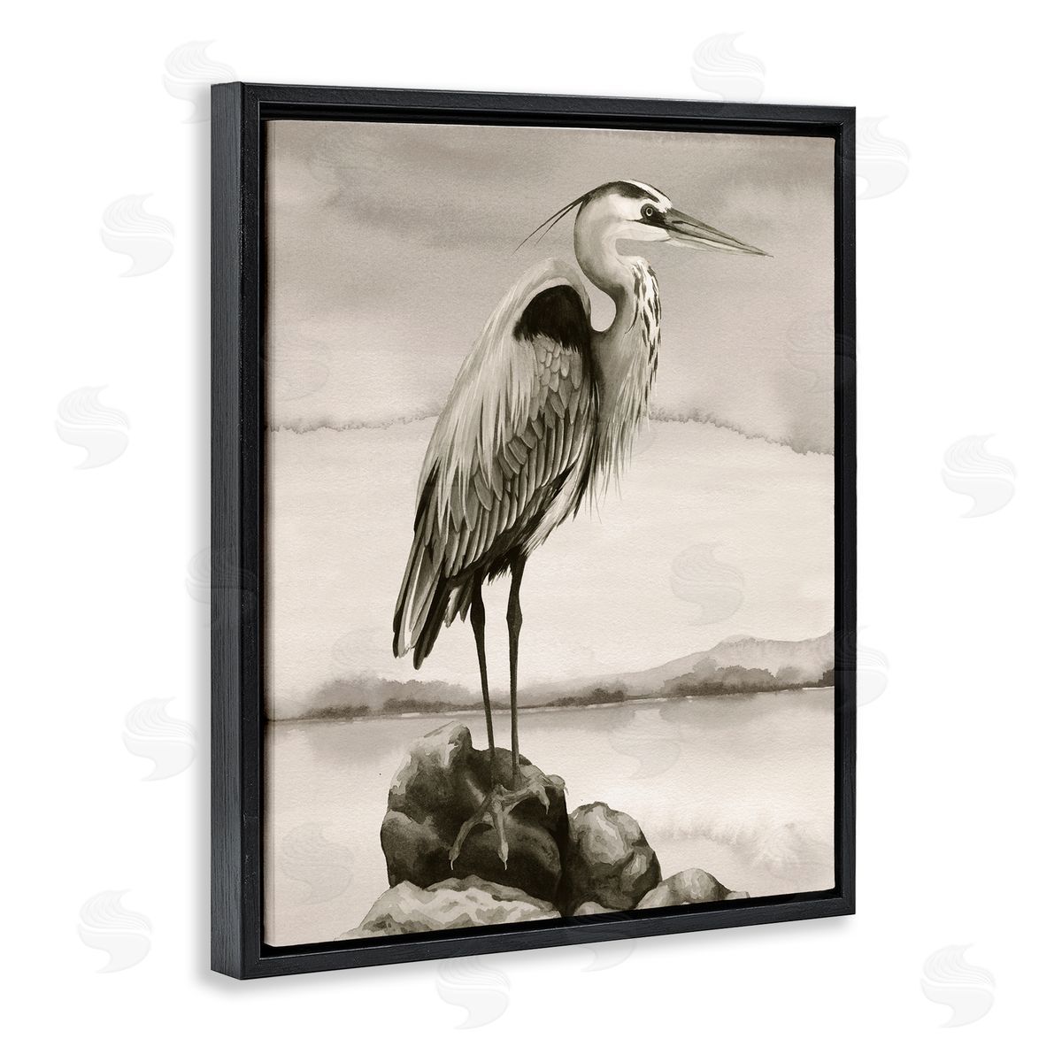 Grace Popp Heron Perched at Sea Black Floater Frame Canvas Artside_