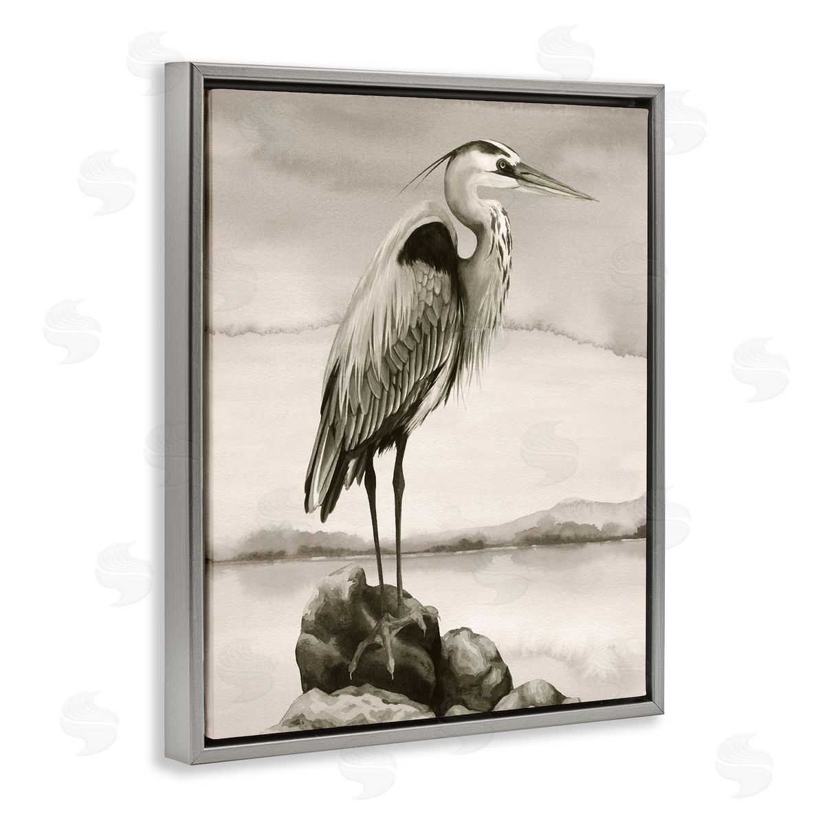 Grace Popp Heron Perched at Sea Gray Floater Frame Canvas Artside_