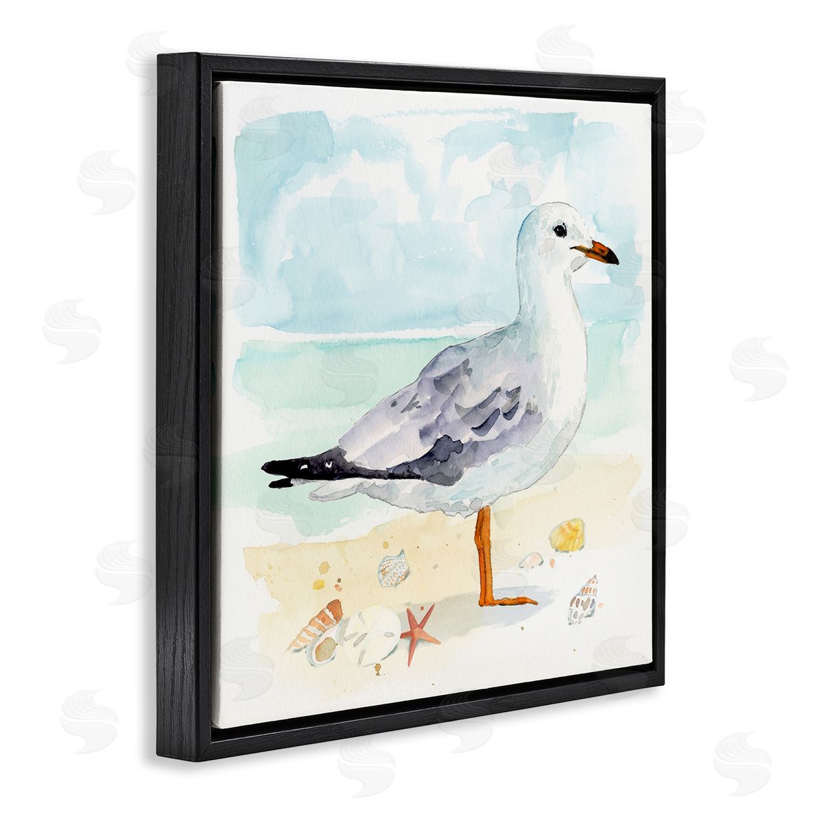 Victoria Barnes Seagull & Seashells on Shore Black Floater Frame Canvas Artside_