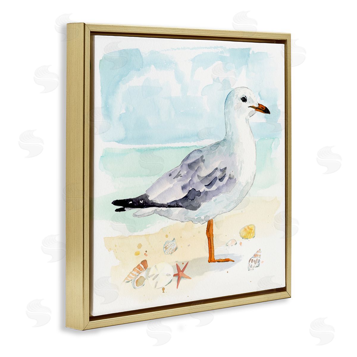 Victoria Barnes Seagull & Seashells on Shore Gold Floater Frame Canvas Artside_