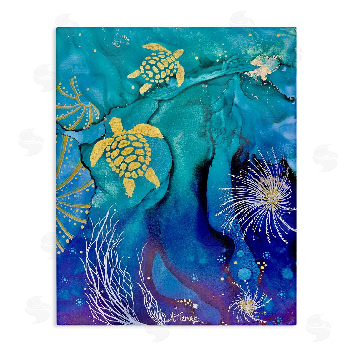 Amy Tieman Abstract Blue Sea Turtles Canvas Wall Art