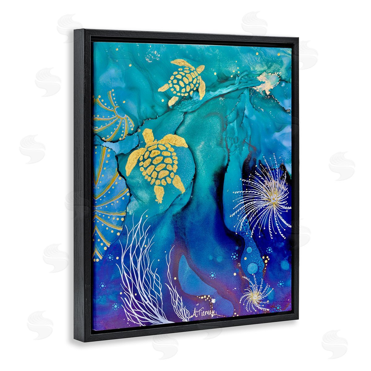 Amy Tieman Abstract Blue Sea Turtles Black Floater Frame Canvas Artside_