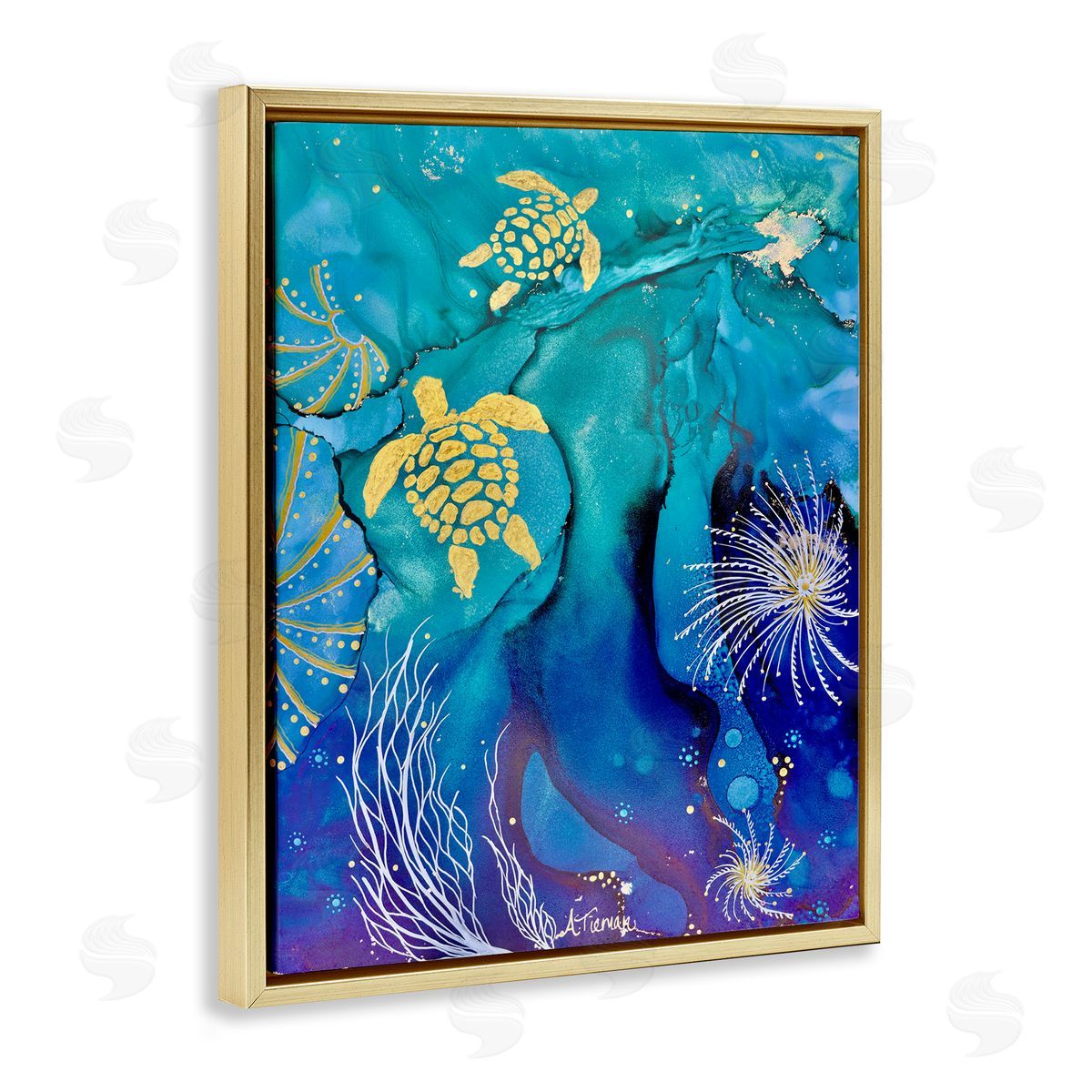 Amy Tieman Abstract Blue Sea Turtles Gold Floater Frame Canvas Artside_