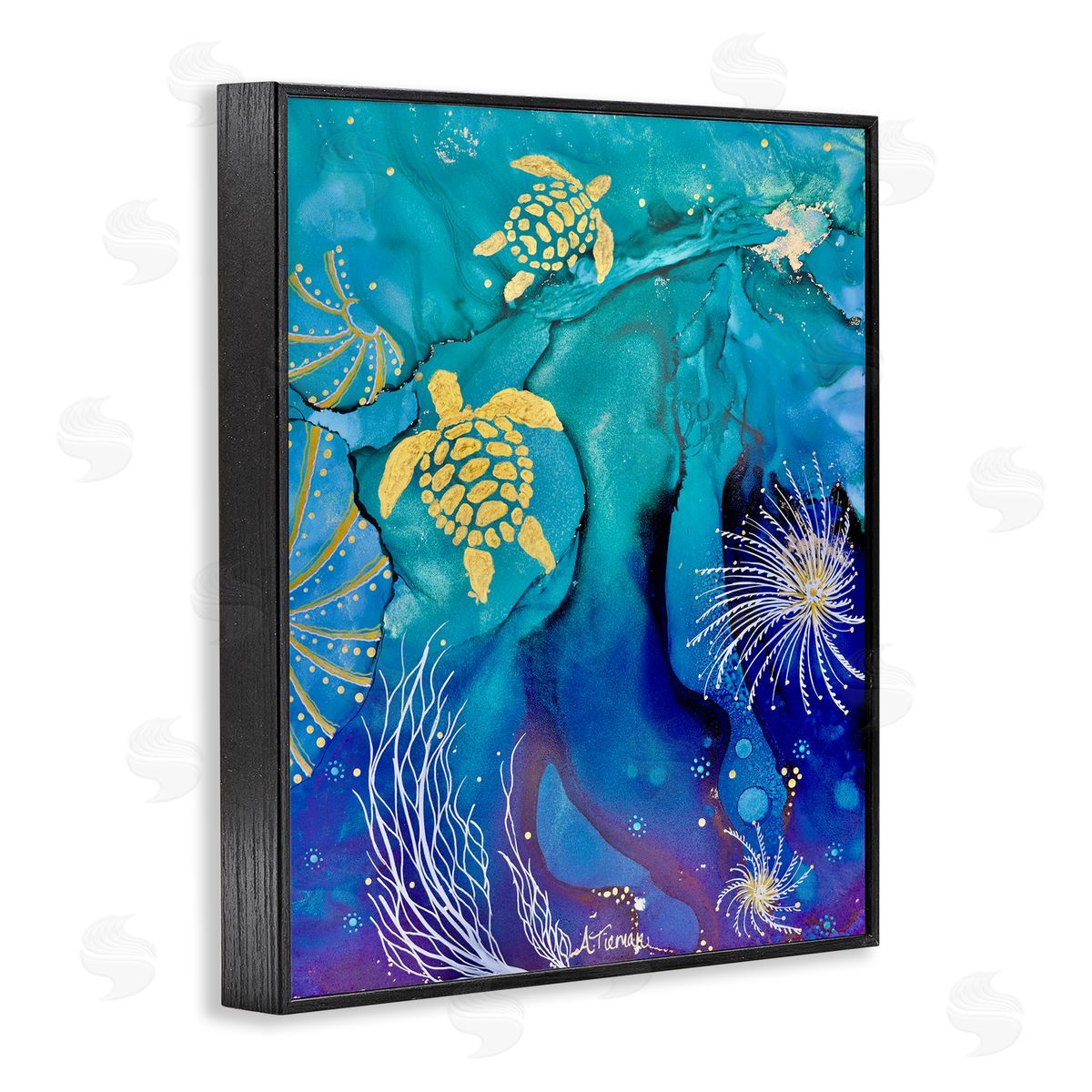 Amy Tieman Abstract Blue Sea Turtles Black Framed Giclee Wall Artside_