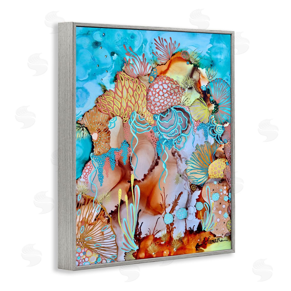 Amy Tieman Abstract Coral Reef Pattern Gray Framed Giclee Wall Artside_