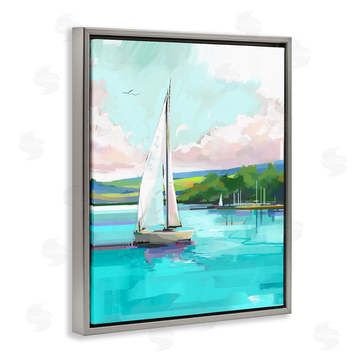David Owens Illustration Sailboat in Coastal Marina Gray Floater Frame Canvas Artside_
