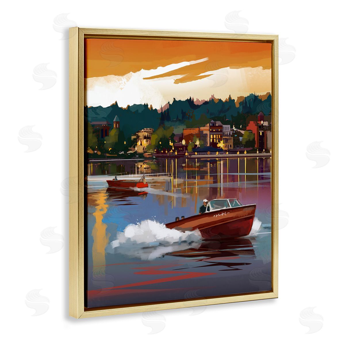 David Owens Illustration Boats at Sunset Pier Gold Floater Frame Canvas Artside_