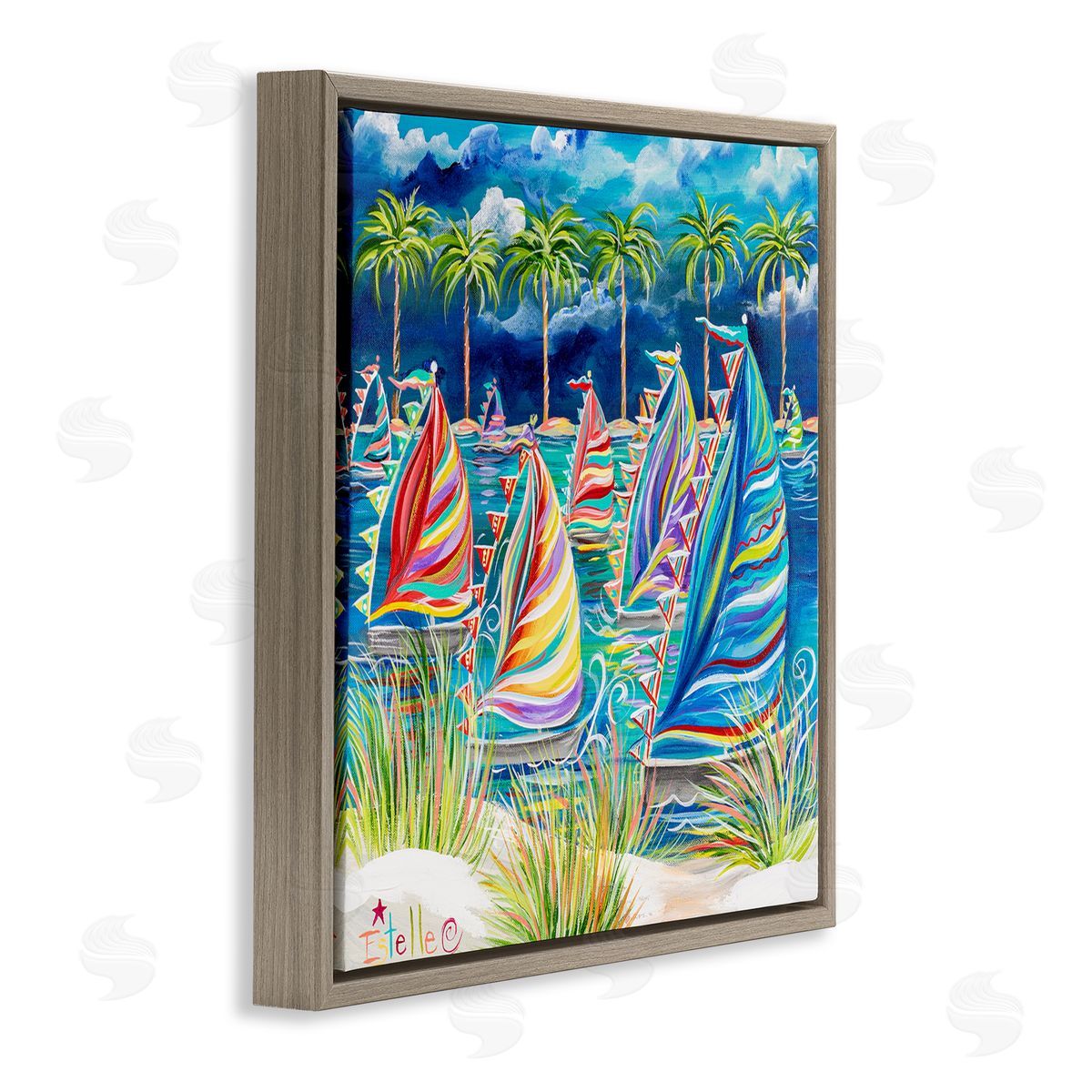 Estelle Grengs Tropical Patterned Boats Brown Floater Frame Canvas Artside_
