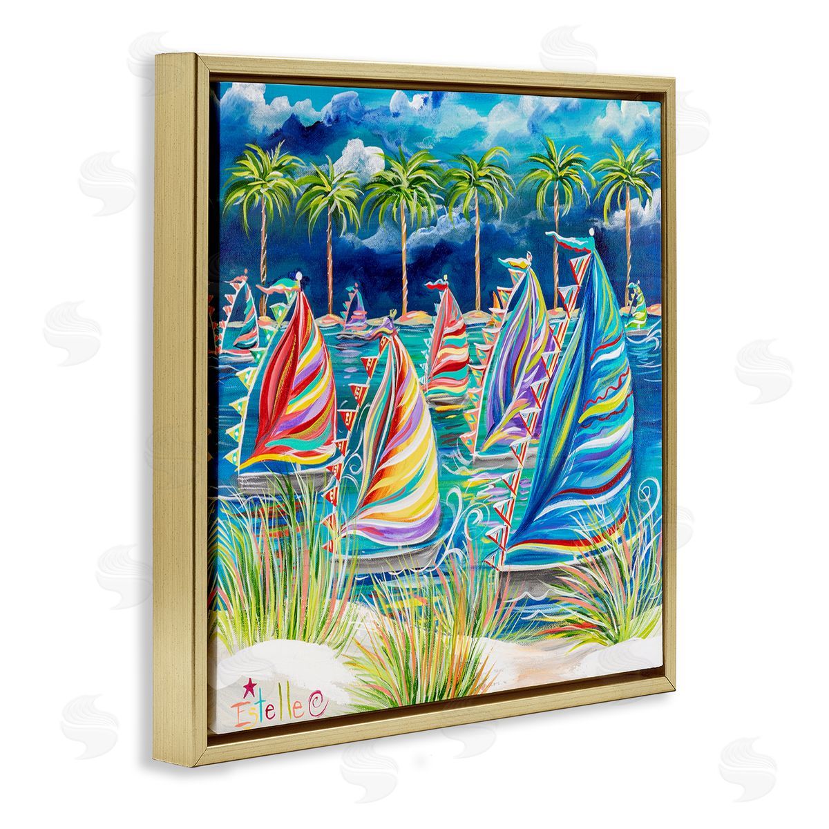 Estelle Grengs Tropical Patterned Boats Gold Floater Frame Canvas Artside_