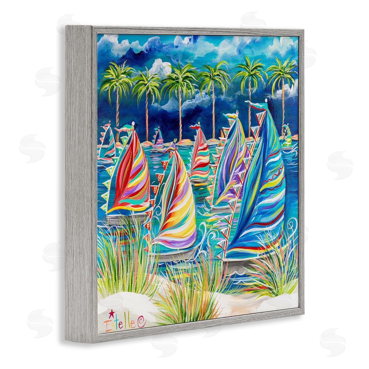 Estelle Grengs Tropical Patterned Boats Gray Framed Giclee Wall Artside_