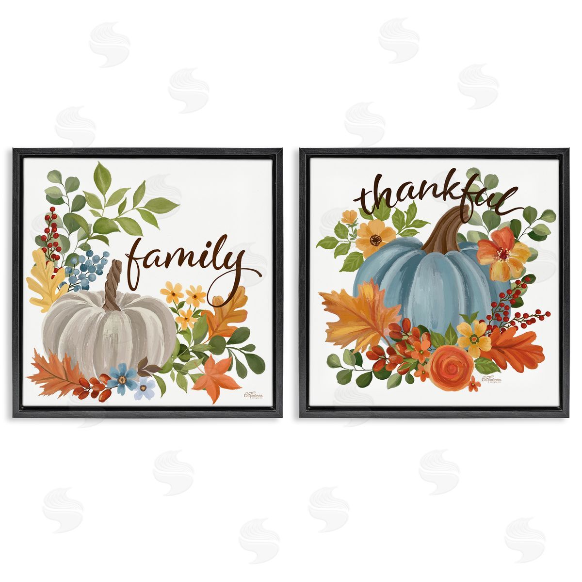 Family Thankful Fall Pumkin Black Floating Frame Canvas Wall Art, Home Decor by Cat Thurman Designs