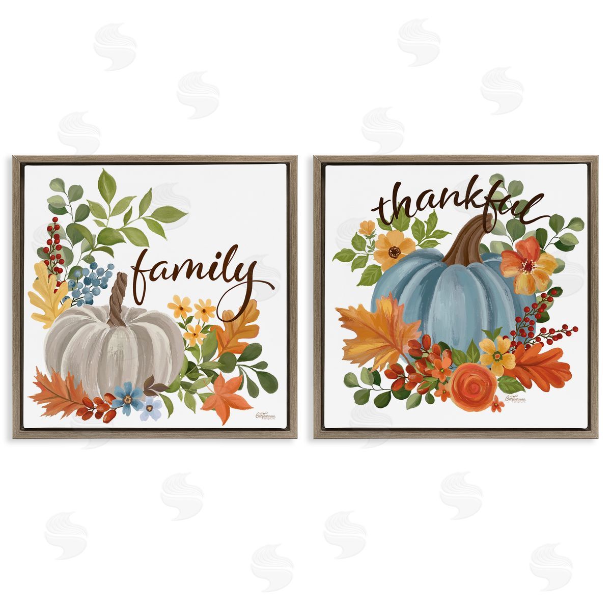 Family Thankful Fall Pumkin Brown Floating Frame Canvas Wall Art, Home Decor by Cat Thurman Designs