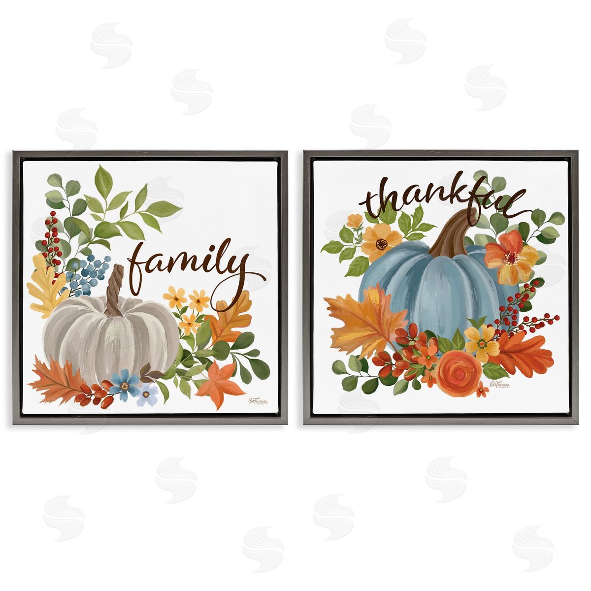 Family Thankful Fall Pumkin Grey Floating Frame Canvas Wall Art, Home Decor by Cat Thurman Designs