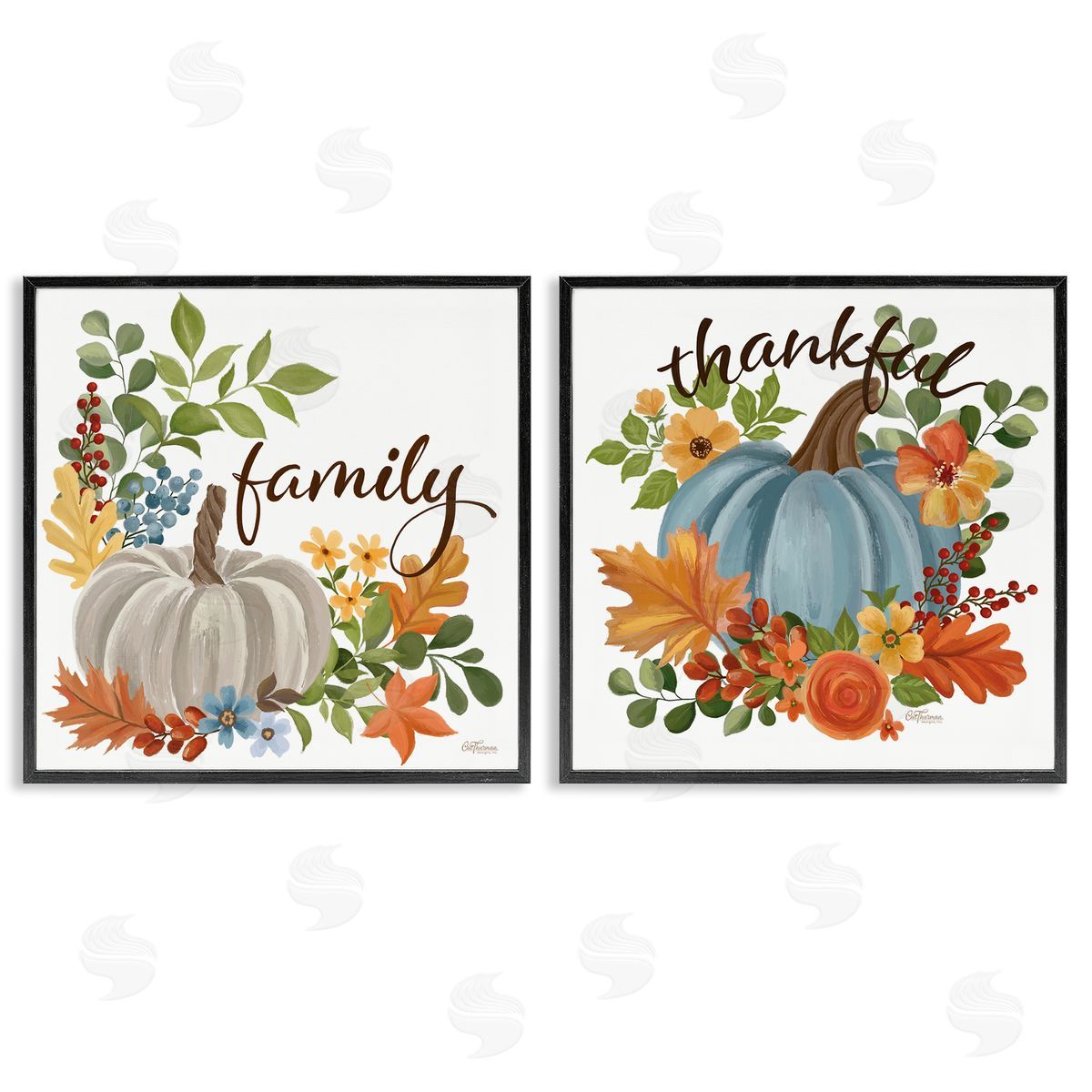 Family Thankful Fall Pumkin Black Frame Print Wall Art, Home Decor by Cat Thurman Designs