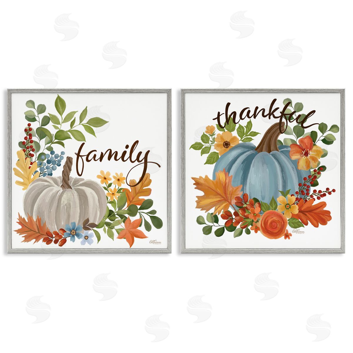 Family Thankful Fall Pumkin Grey Frame Print Wall Art, Home Decor by Cat Thurman Designs