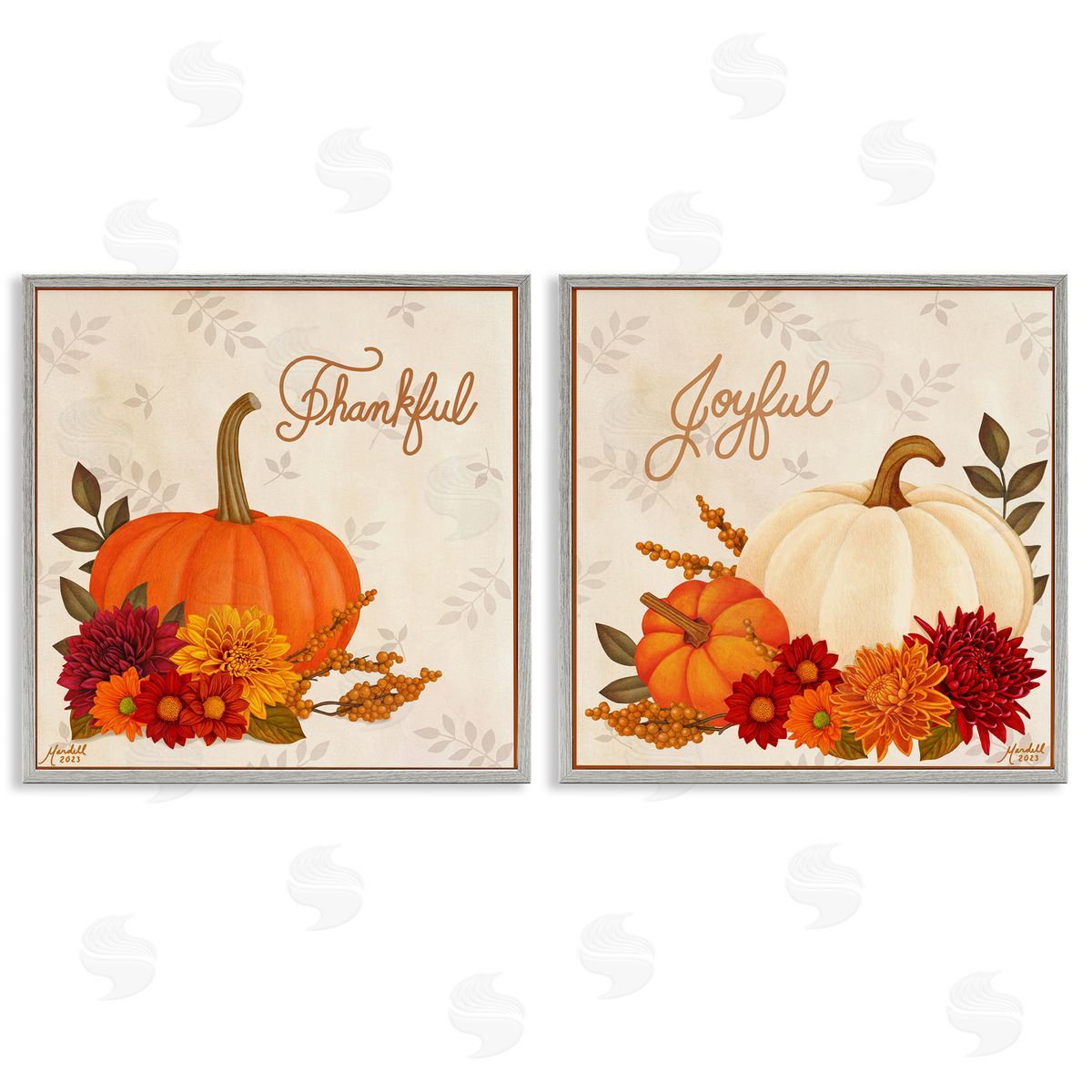 Joyful Thankful Sentiment Pumpkin Grey Frame Print Wall Art, Home Decor by Mardell Schuster