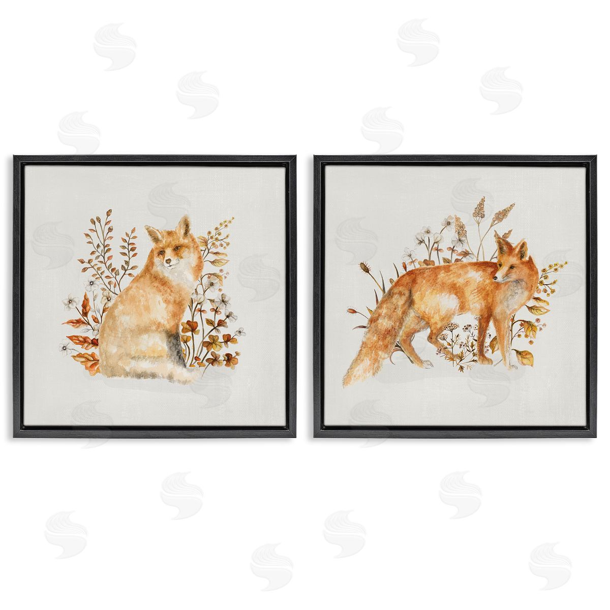 Fluffy Red Fox Autumn Leaves Black Floating Frame Canvas Wall Art, Home Decor by Janice Gaynor