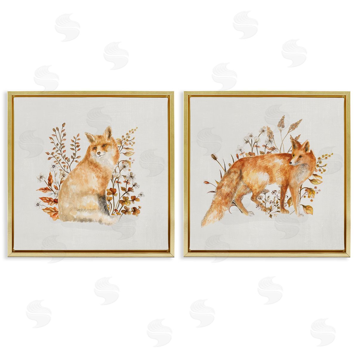 Fluffy Red Fox Autumn Leaves Gold Floating Frame Canvas Wall Art, Home Decor by Janice Gaynor