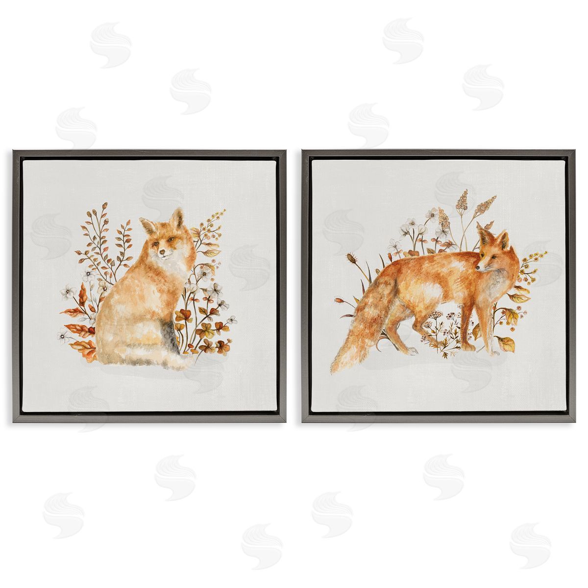 Fluffy Red Fox Autumn Leaves Grey Floating Frame Canvas Wall Art, Home Decor by Janice Gaynor