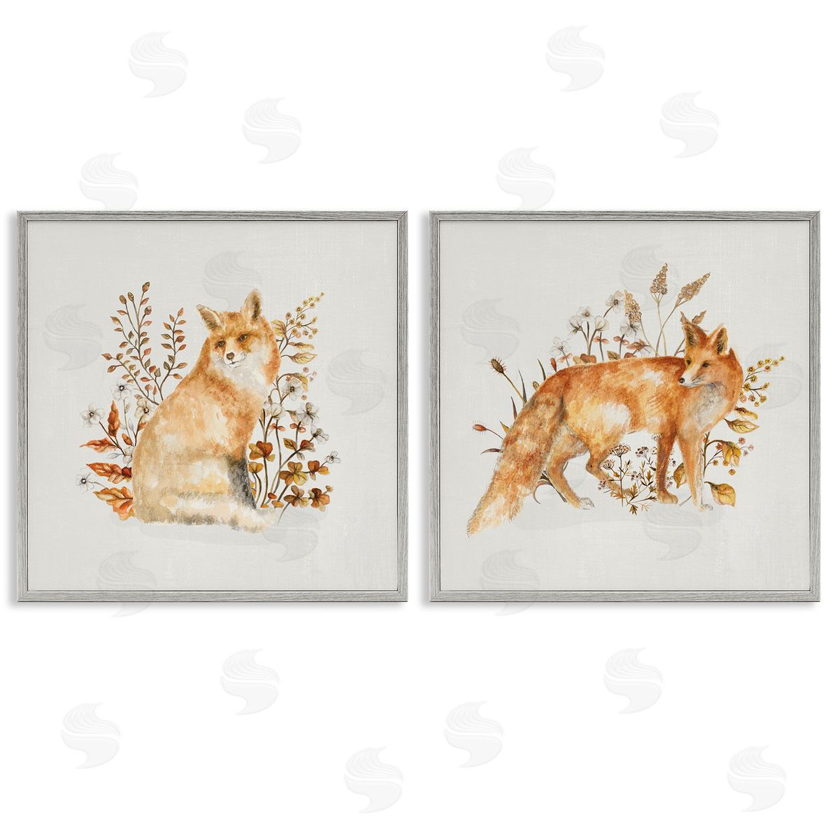 Fluffy Red Fox Autumn Leaves Grey Frame Print Wall Art, Home Decor by Janice Gaynor