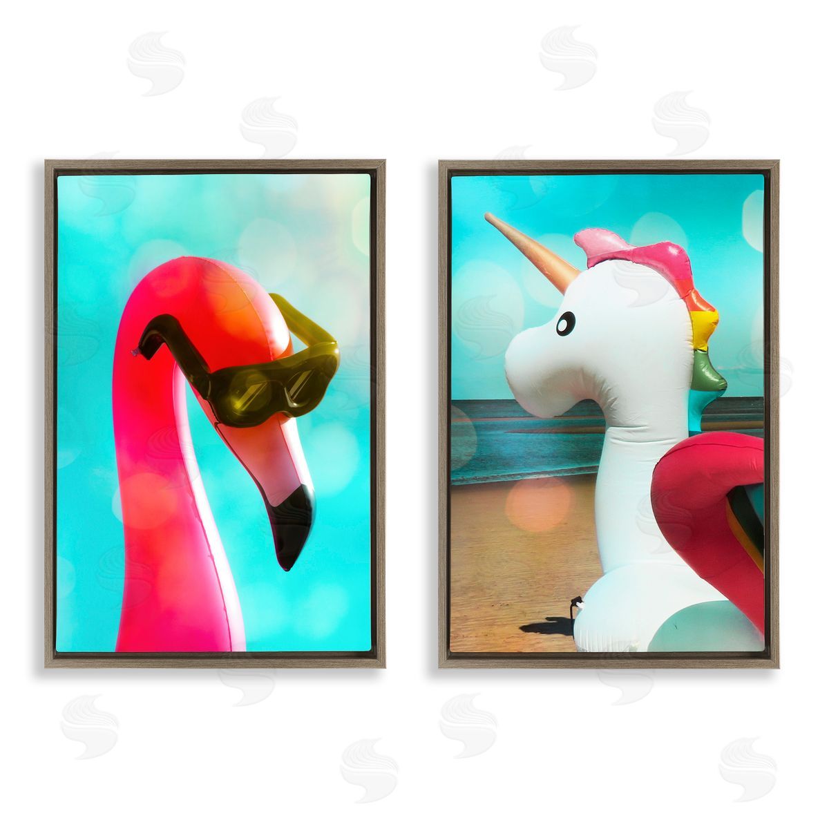 Unicorn & Flamingo Basking Brown Floating Frame Canvas Wall Art, Home Decor by Graffi*tee Studios