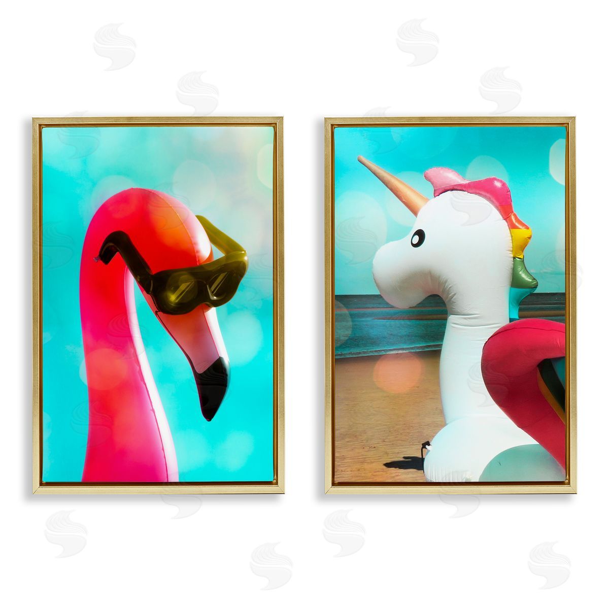 Unicorn & Flamingo Basking Gold Floating Frame Canvas Wall Art, Home Decor by Graffi*tee Studios
