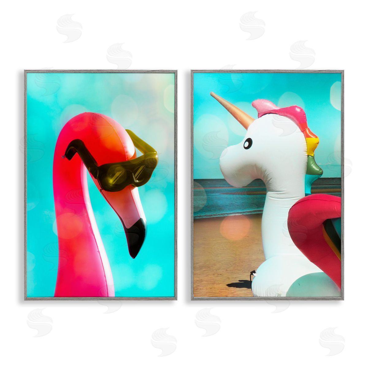 Unicorn & Flamingo Basking Grey Frame Print Wall Art, Home Decor by Graffi*tee Studios