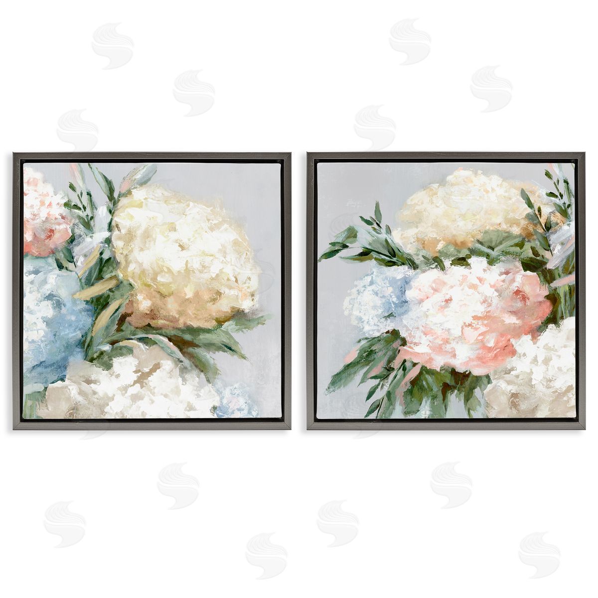 Pastel Blooming Hydrangeas Grey Floating Frame Canvas Wall Art, Home Decor by Alex Black