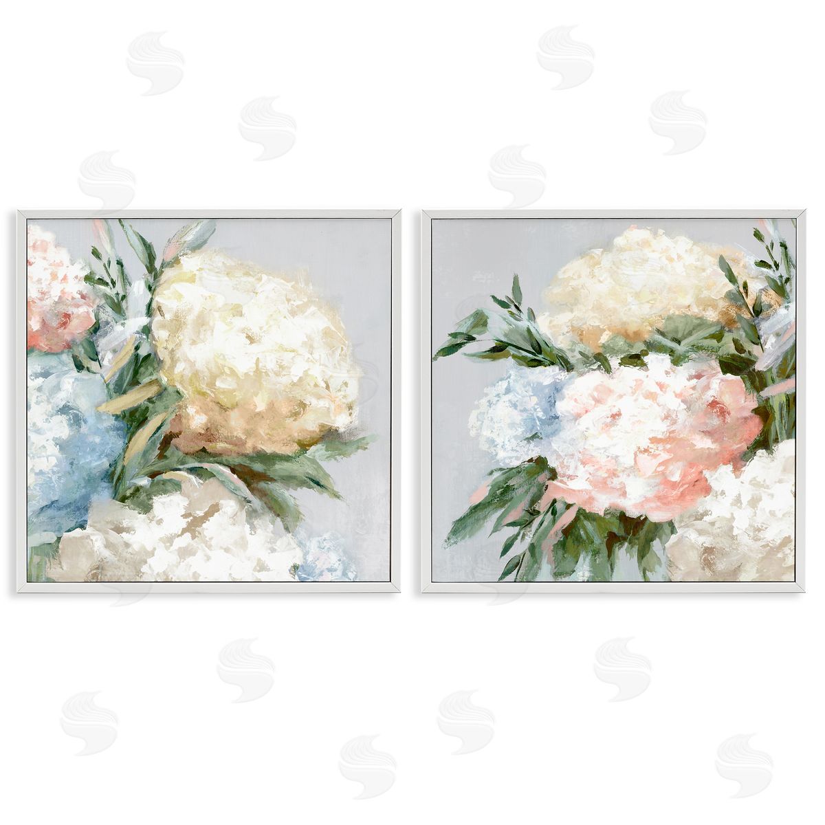 Pastel Blooming Hydrangeas White Frame Print Wall Art, Home Decor by Alex Black