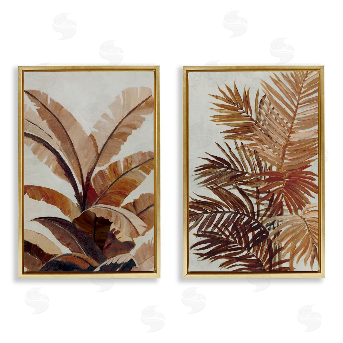 Brown Tropical Palm Plants Gold Floating Frame Canvas Wall Art, Home Decor by Jacob Q