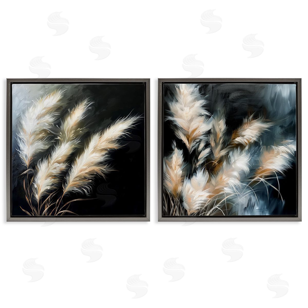 Windblown Wheat Sprigs Grey Floating Frame Canvas Wall Art, Home Decor by Raymond Powers