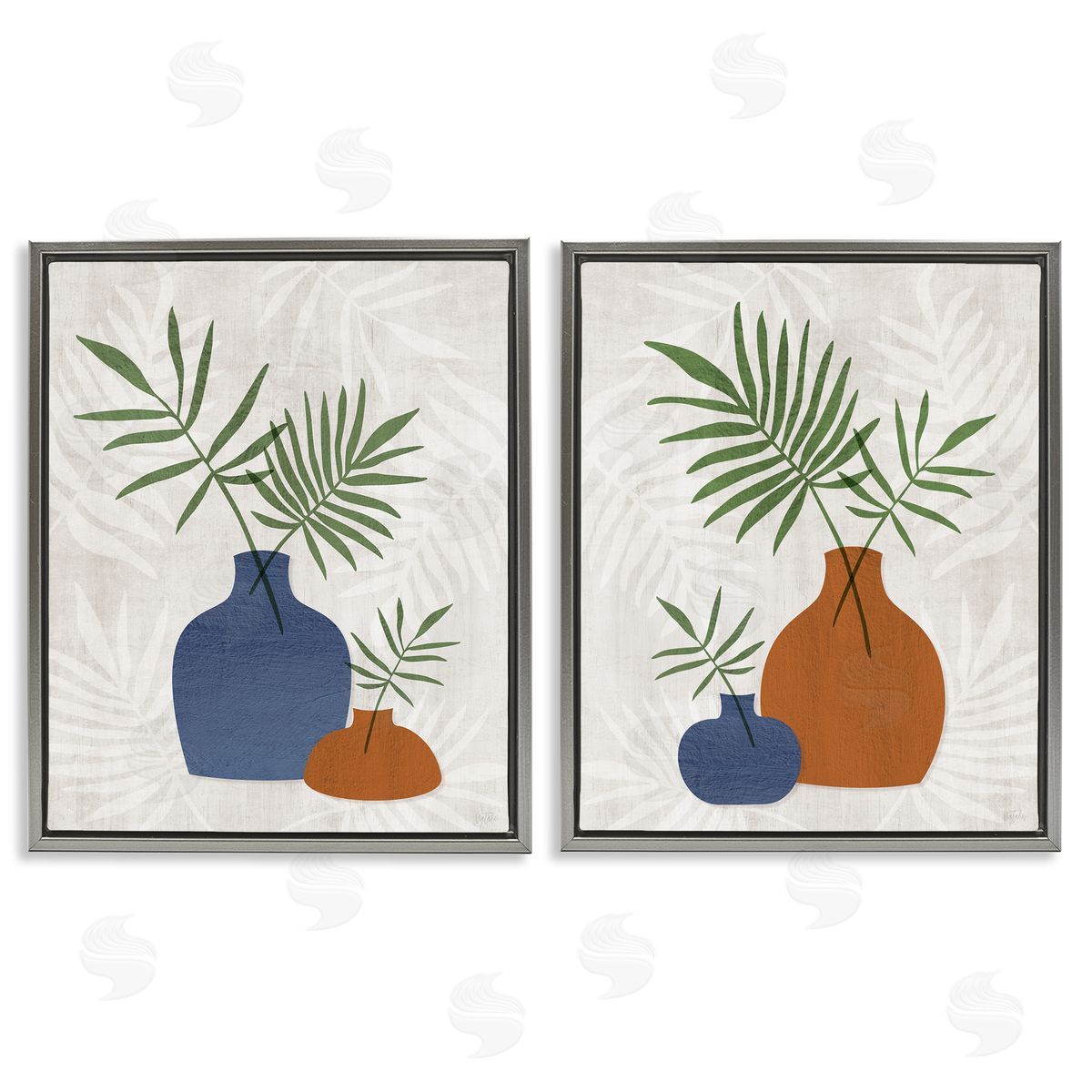 Midcentury Palm Vases Grey Floating Frame Canvas Wall Art, Home Decor by Natalie Carpentieri