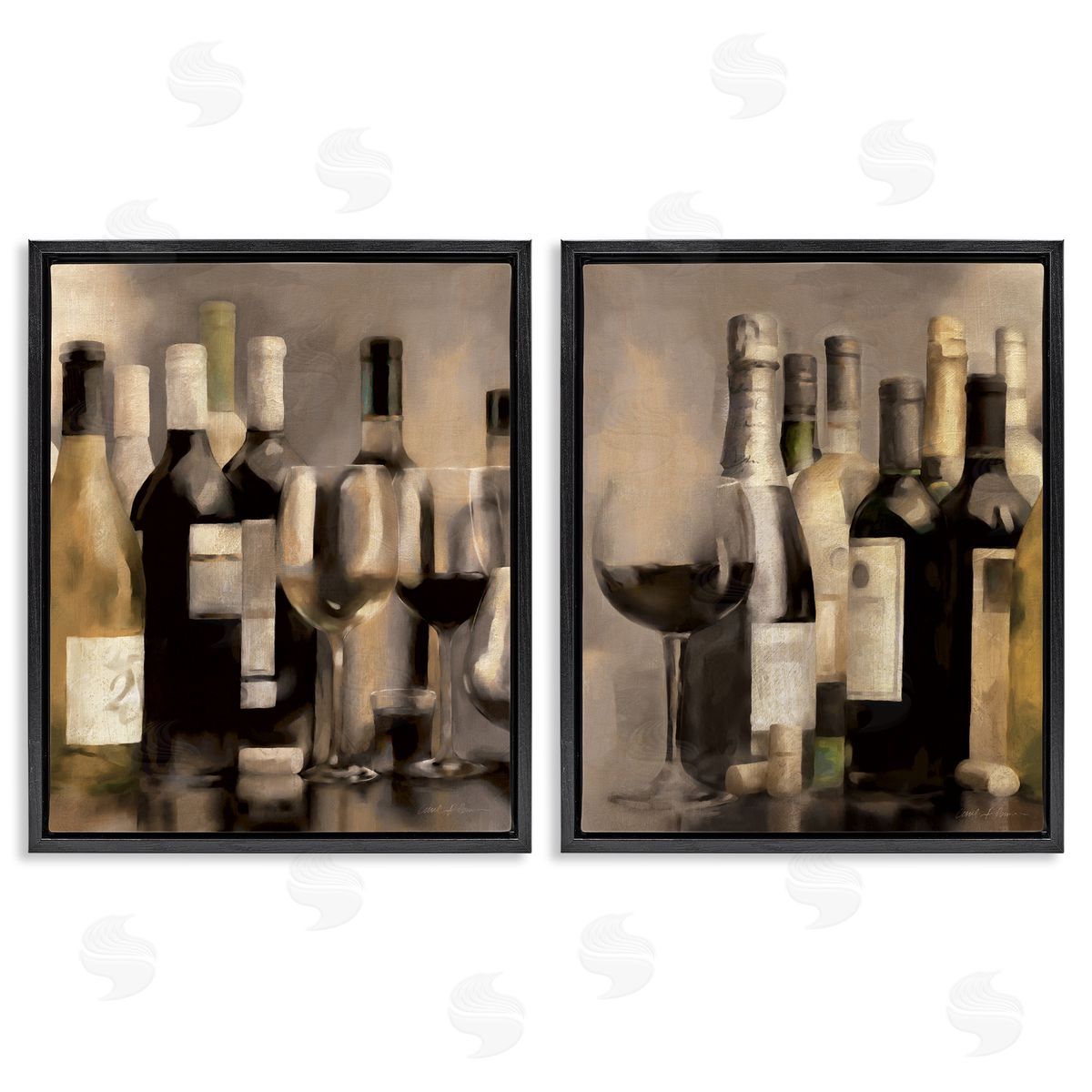 Kitchen Wine Bottles Setup Black Floating Frame Canvas Wall Art, Home Decor by Carol Robinson