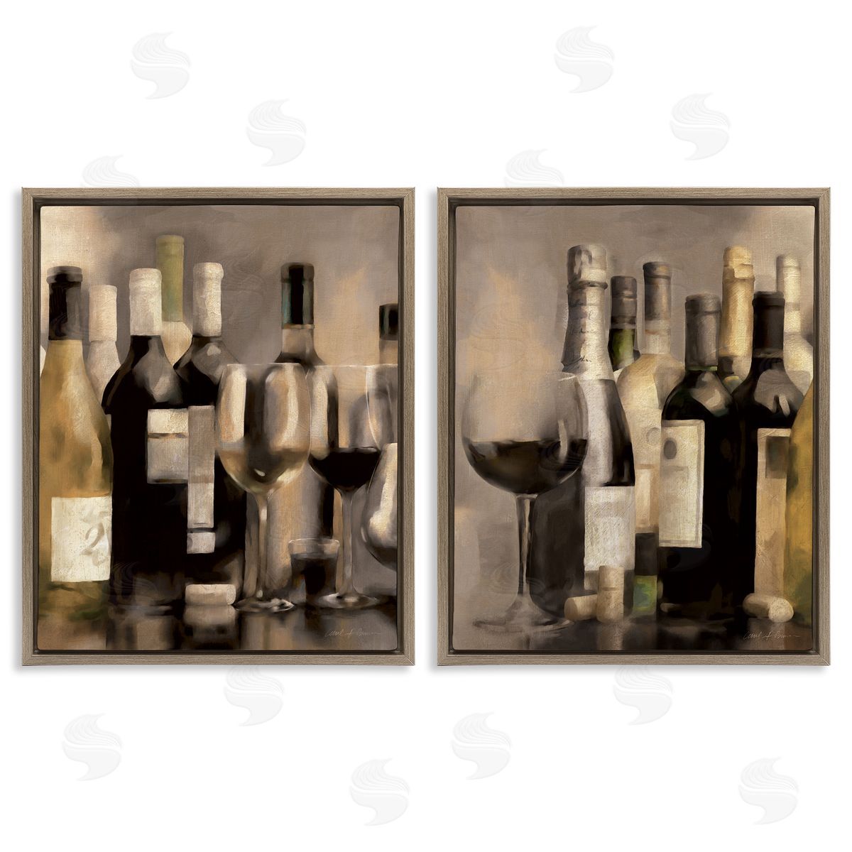 Kitchen Wine Bottles Setup Brown Floating Frame Canvas Wall Art, Home Decor by Carol Robinson