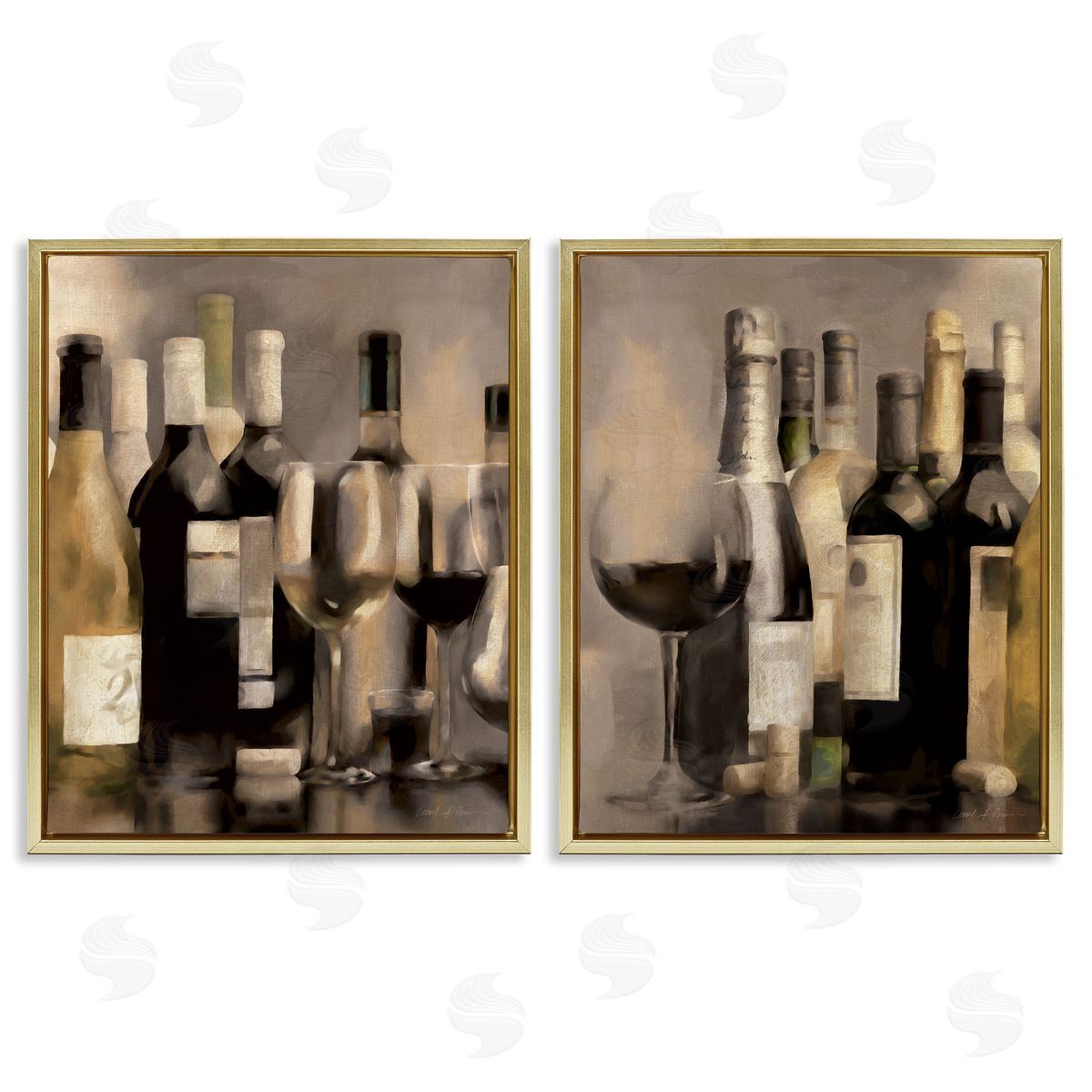 Kitchen Wine Bottles Setup Gold Floating Frame Canvas Wall Art, Home Decor by Carol Robinson