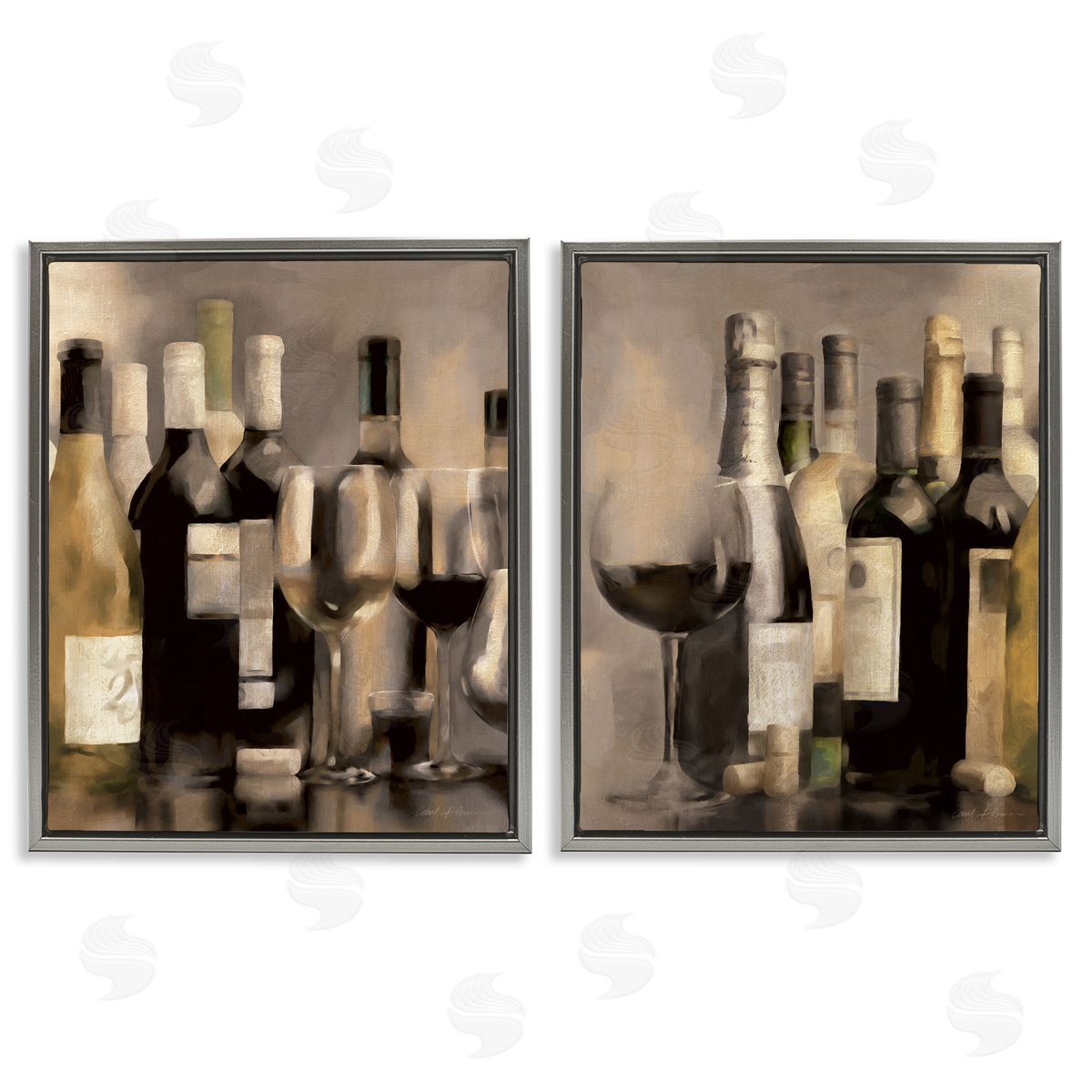 Kitchen Wine Bottles Setup Grey Floating Frame Canvas Wall Art, Home Decor by Carol Robinson