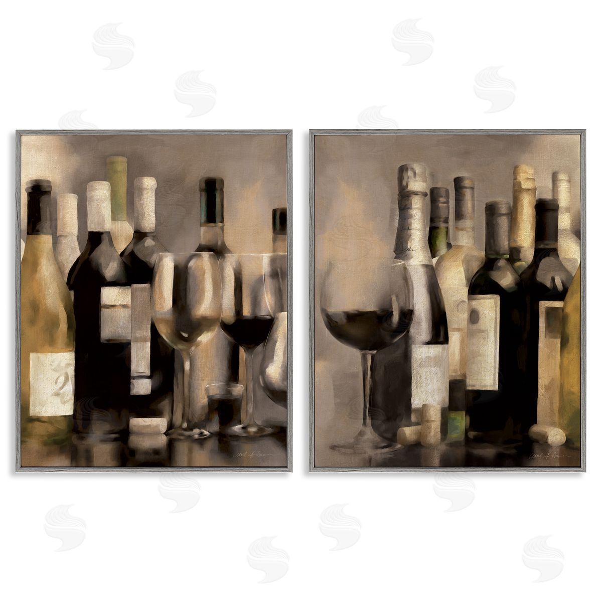 Kitchen Wine Bottles Setup Grey Frame Print Wall Art, Home Decor by Carol Robinson