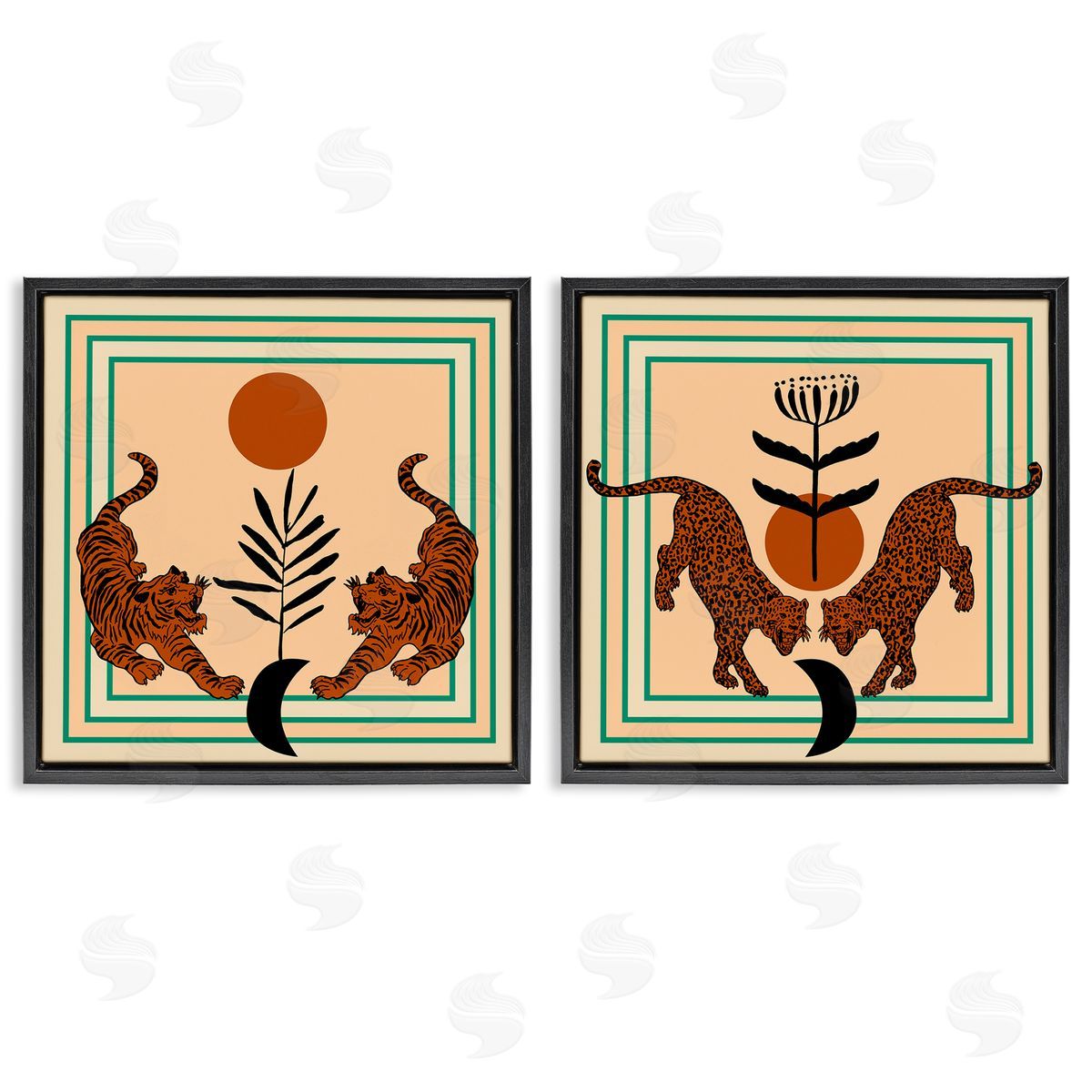 Boho Symmetrical Wild Cats Black Floating Frame Canvas Wall Art, Home Decor by Melissa Wang
