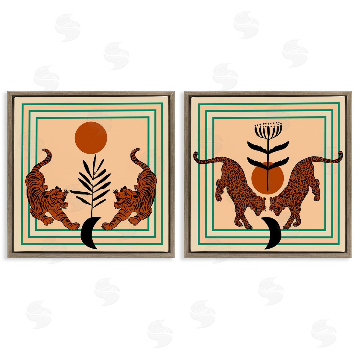 Boho Symmetrical Wild Cats Brown Floating Frame Canvas Wall Art, Home Decor by Melissa Wang