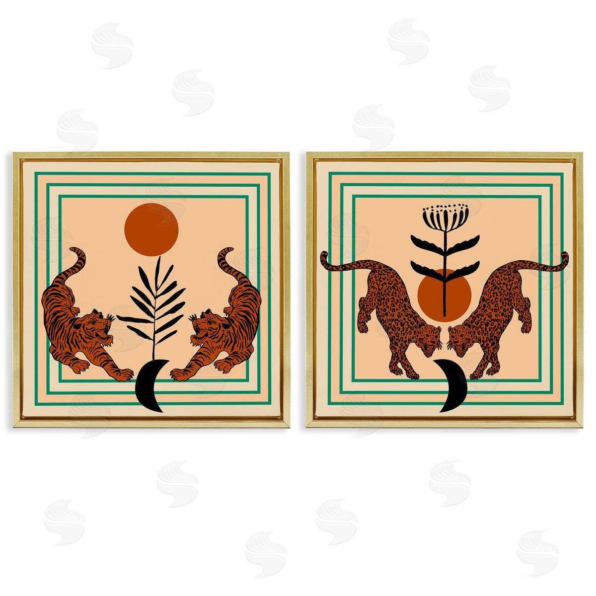 Boho Symmetrical Wild Cats Gold Floating Frame Canvas Wall Art, Home Decor by Melissa Wang