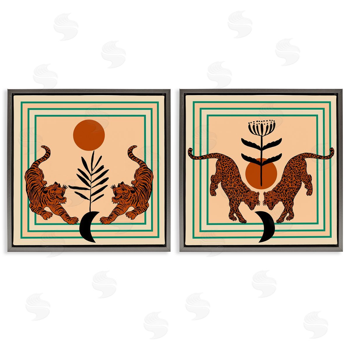 Boho Symmetrical Wild Cats Grey Floating Frame Canvas Wall Art, Home Decor by Melissa Wang