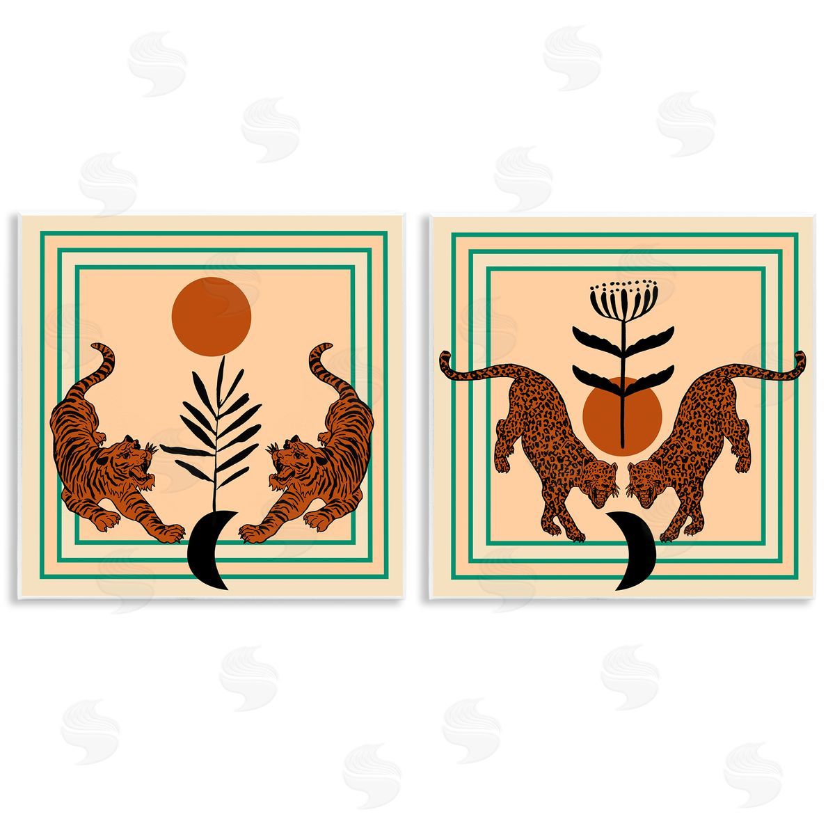 Boho Symmetrical Wild Cats Wood Plaque Wall Art, Home Decor by Melissa Wang