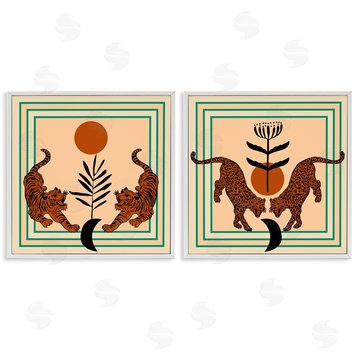 Boho Symmetrical Wild Cats White Frame Print Wall Art, Home Decor by Melissa Wang