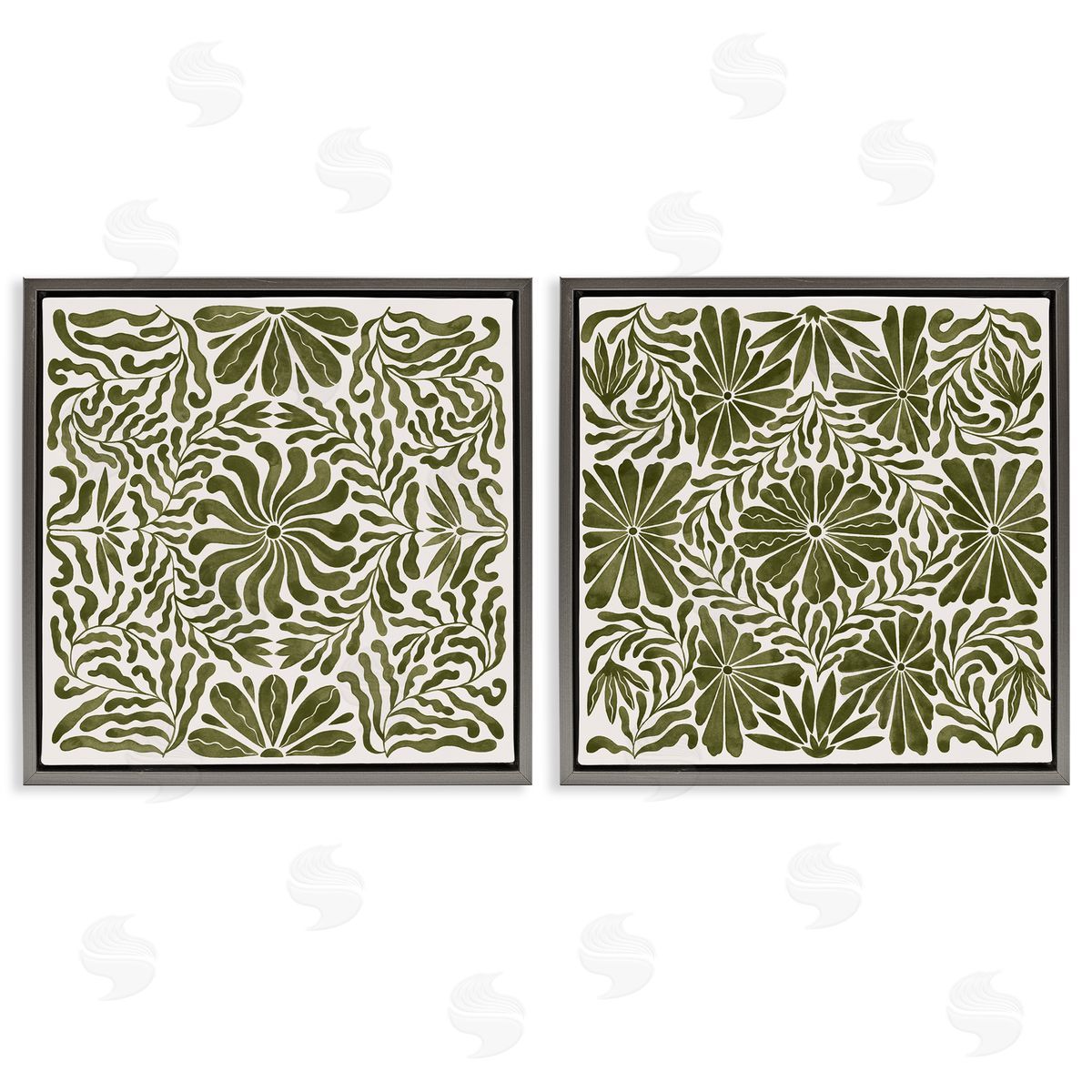 Patterned Wavy Flowers Grey Floating Frame Canvas Wall Art, Home Decor by Grace Popp