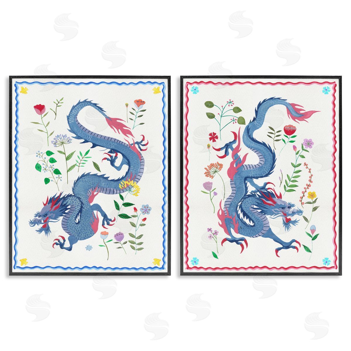 Dragons with Flower Details Black Frame Print Wall Art, Home Decor by Melissa Wang