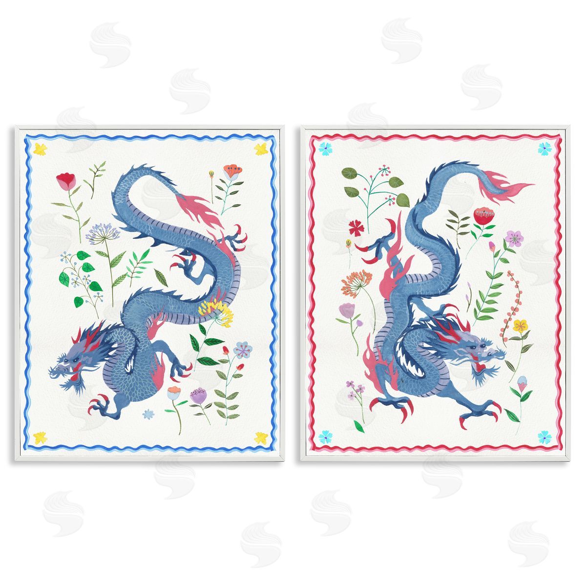 Dragons with Flower Details White Frame Print Wall Art, Home Decor by Melissa Wang
