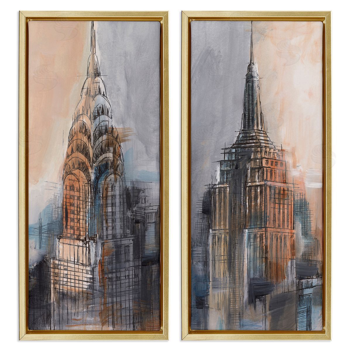 City Architecture Sketches Gold Floating Frame Canvas Wall Art, Home Decor by Ethan Harper